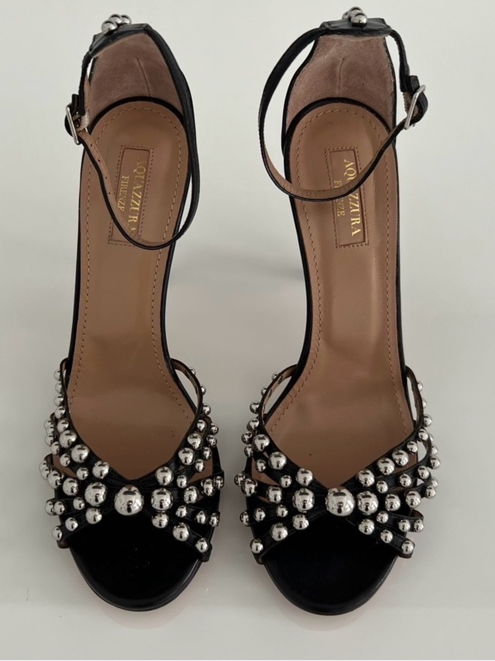 AQUAZZURA BLACK LEATHER SILVER STUDDED SANDALS SIZE IT 38 / US 8 - Picture 5 of 17